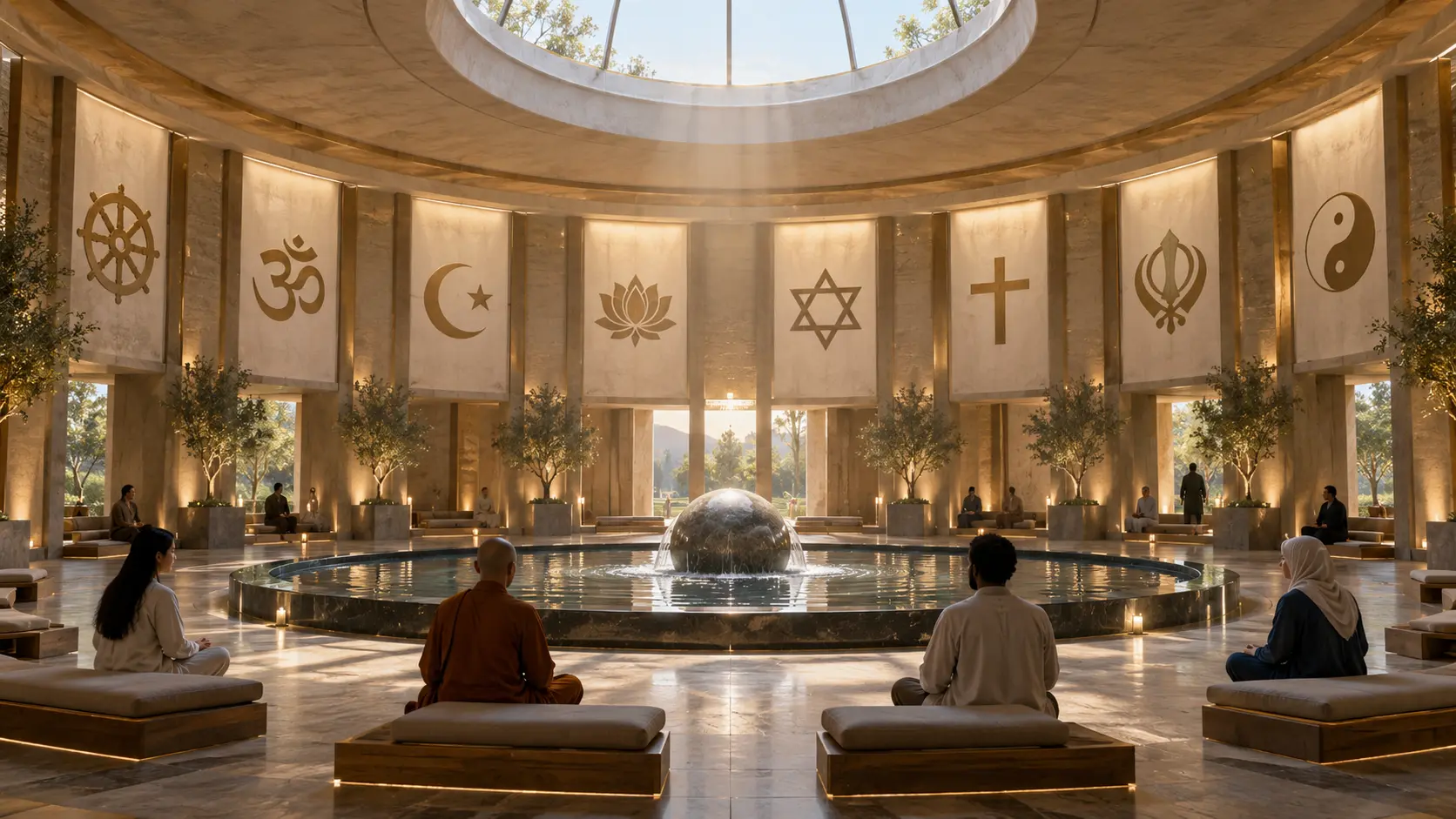 Circular hall of reflection with faith symbols
