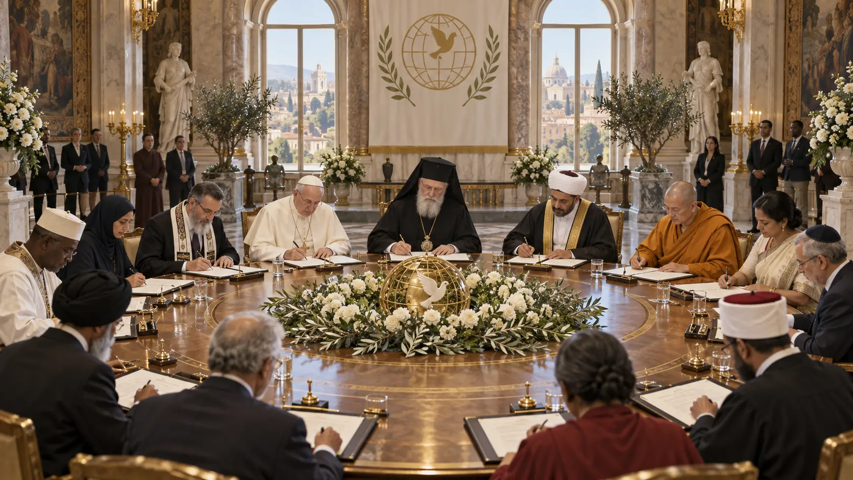 A formal signing session in a state hall