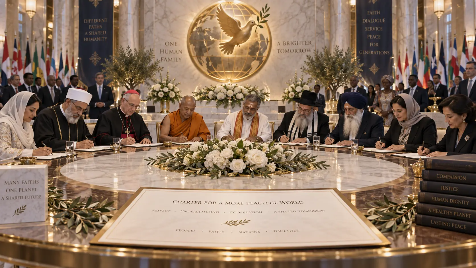 Representatives of many faiths signing a charter