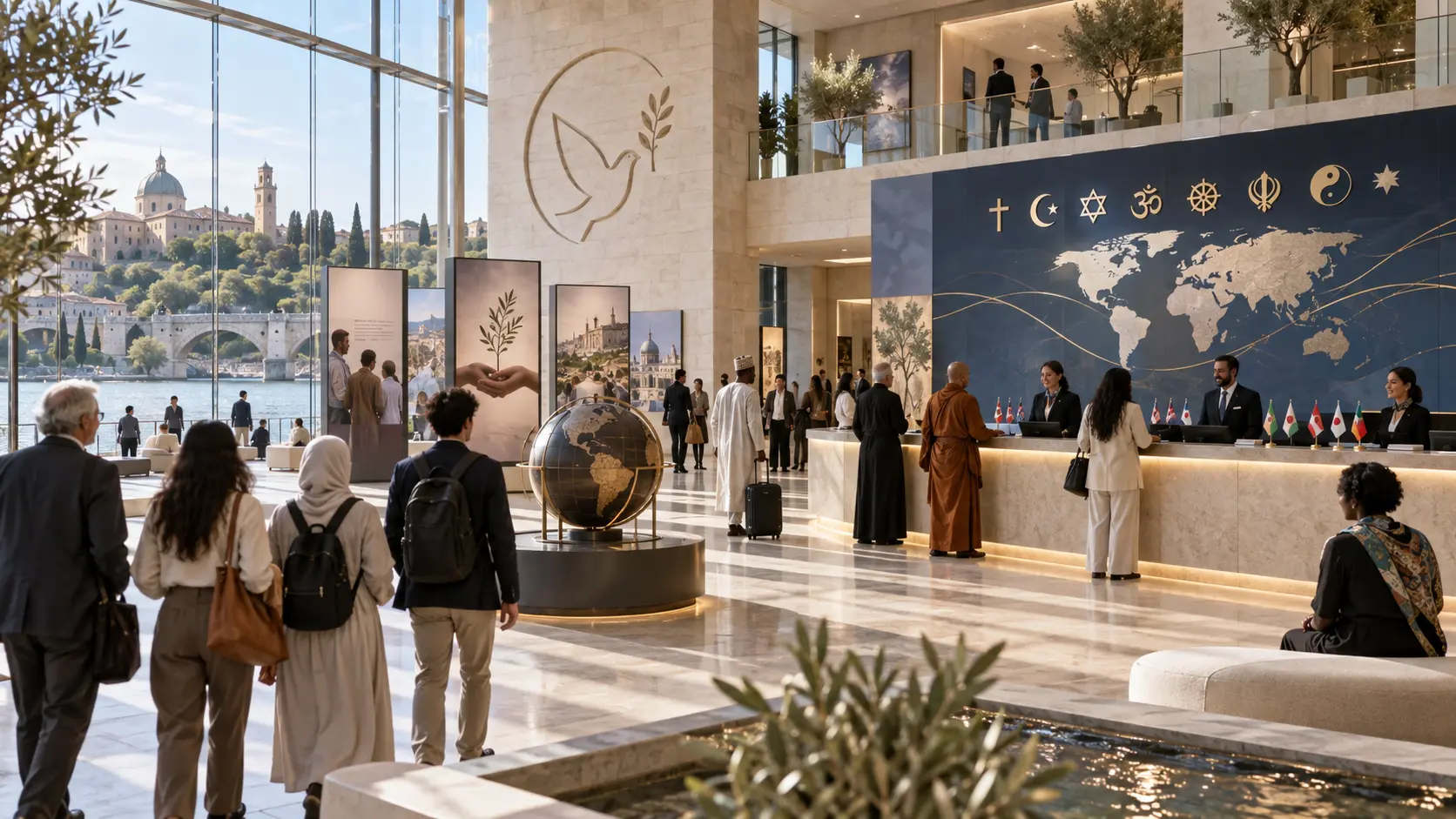 Concept view of a headquarters reception hall with delegates arriving