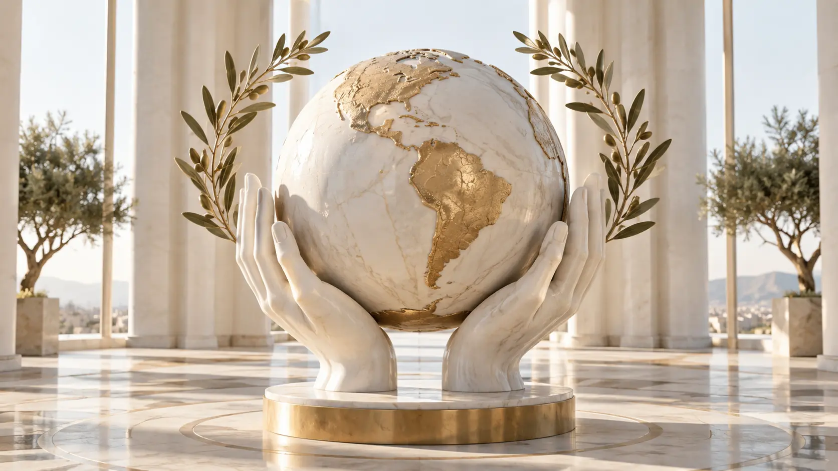 Marble sculpture of hands holding a globe